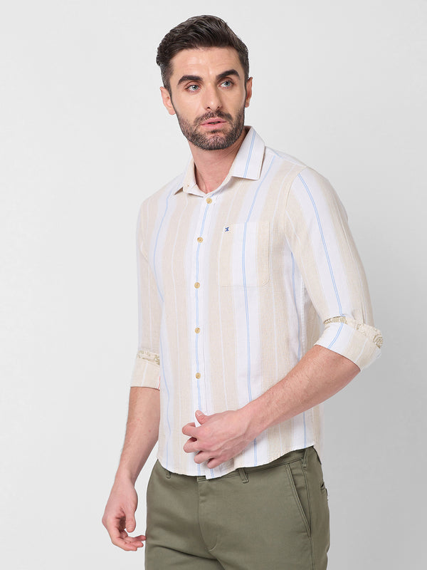 Killer Men Beige Stripe Slim Fit Shirts