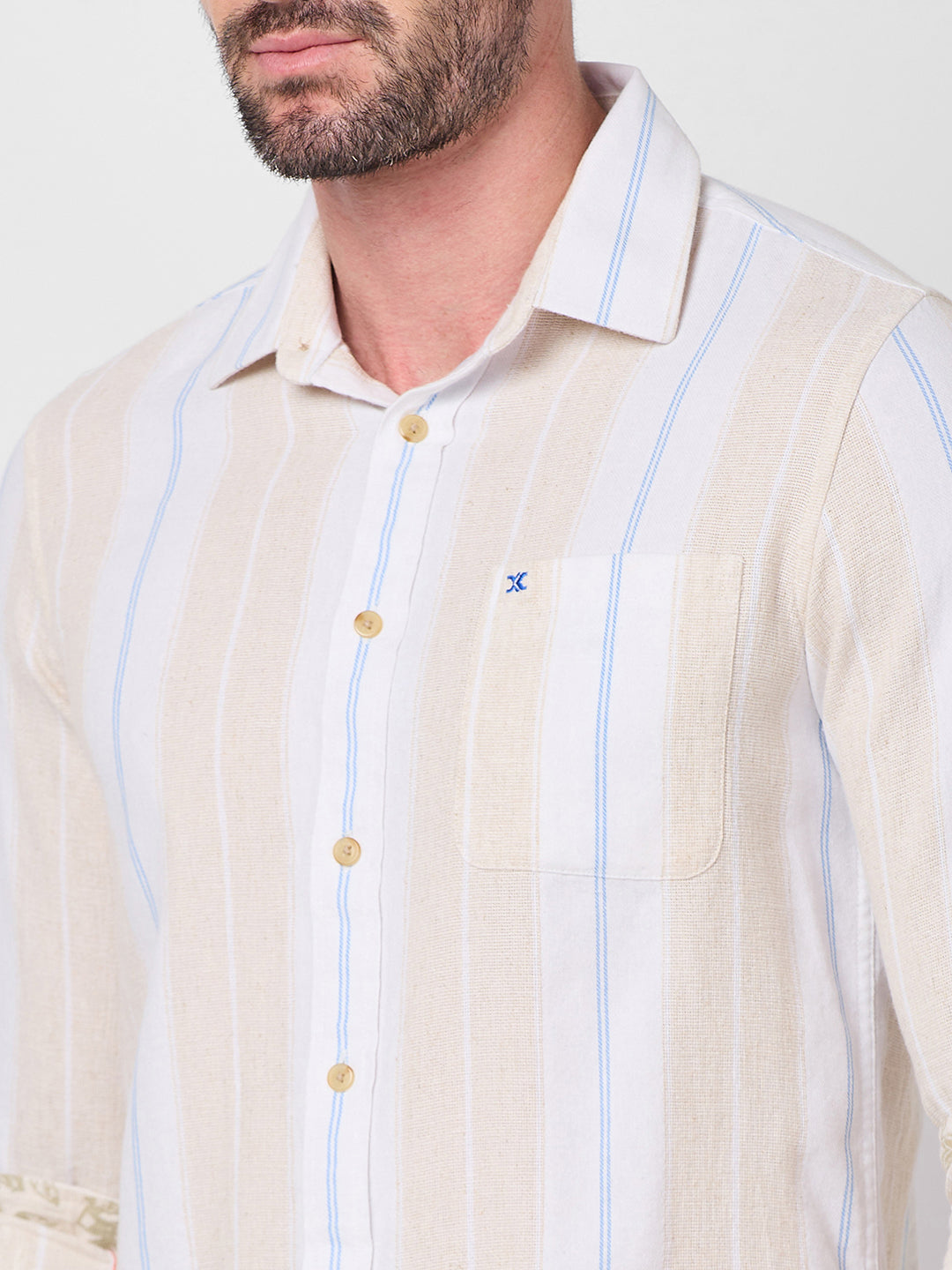Killer Men Beige Stripe Slim Fit Shirts