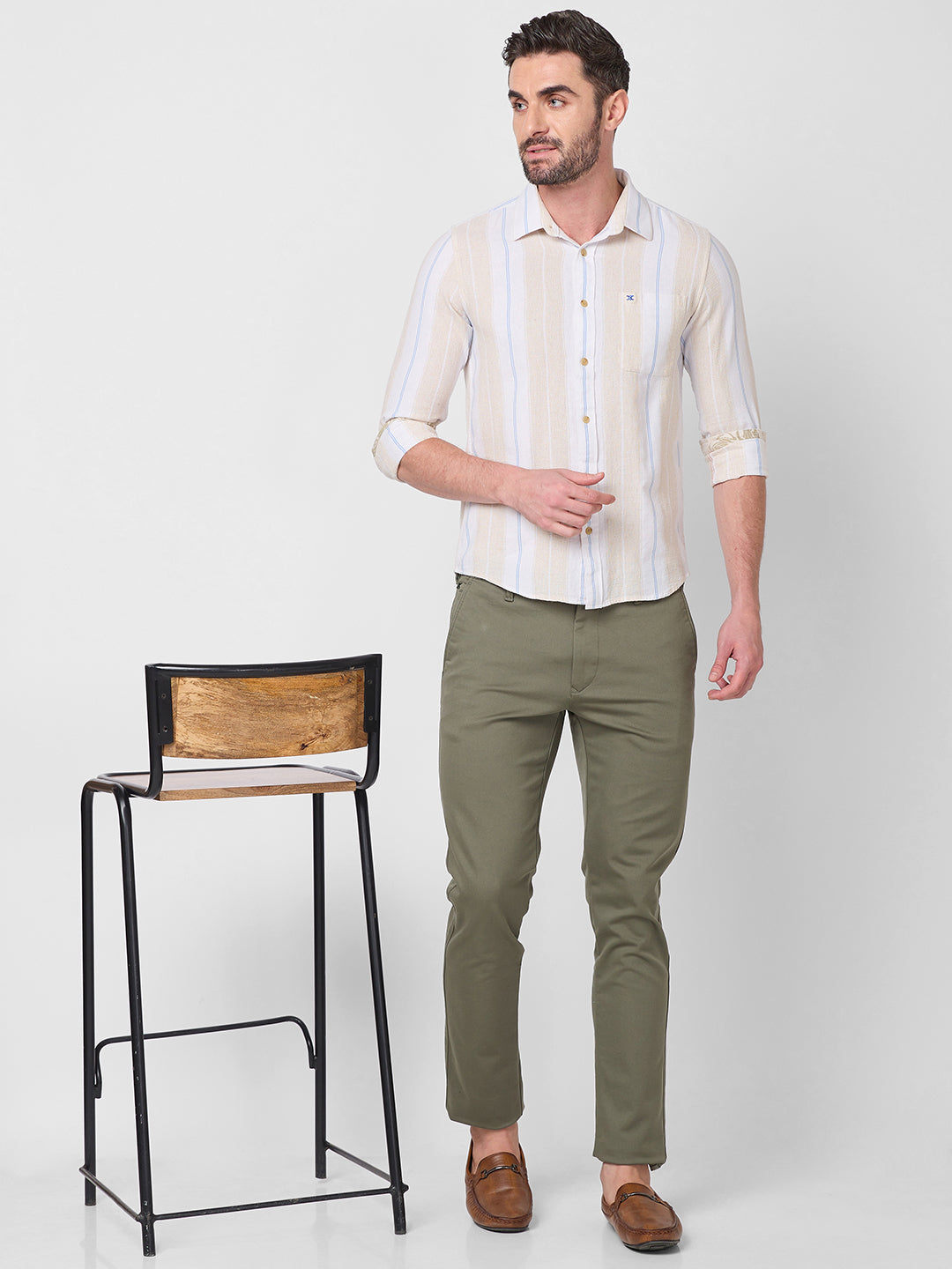 Killer Men Beige Stripe Slim Fit Shirts