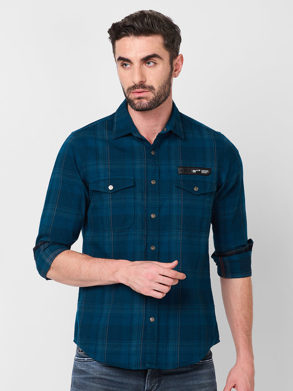 Killer Men Petrol Blue Checks Slim Fit Shirts