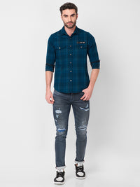 Killer Men Petrol Blue Checks Slim Fit Shirts