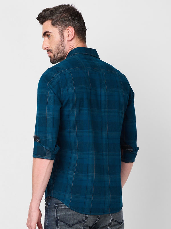 Killer Men Petrol Blue Checks Slim Fit Shirts