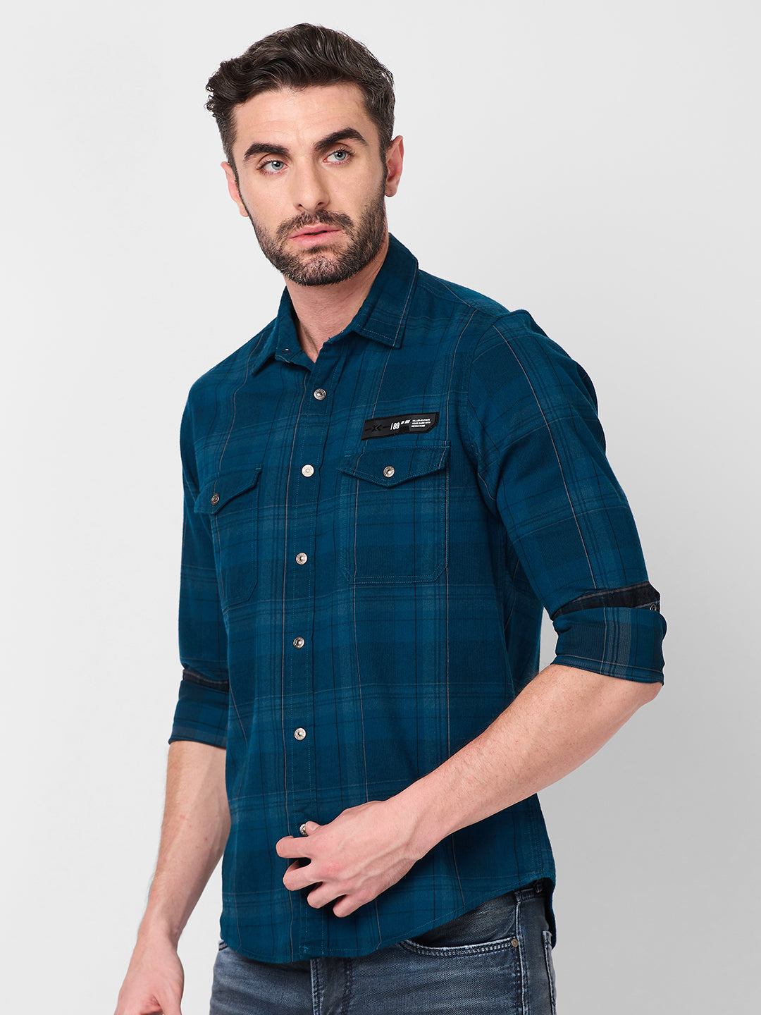 Killer Men Petrol Blue Checks Slim Fit Shirts