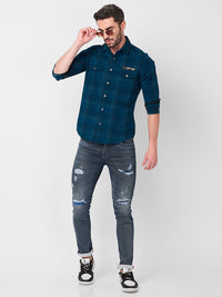 Killer Men Petrol Blue Checks Slim Fit Shirts