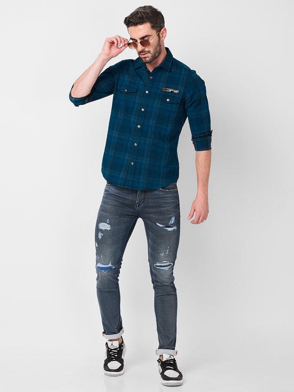 Killer Men Petrol Blue Checks Slim Fit Shirts