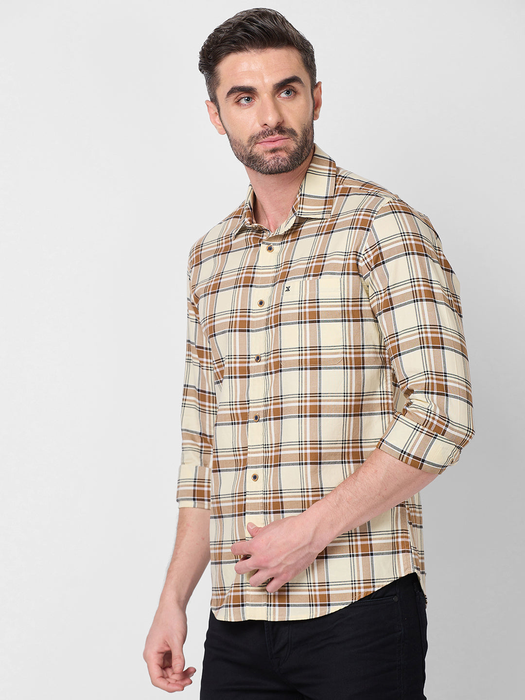 Killer Men Cream Checks Slim Fit Shirts