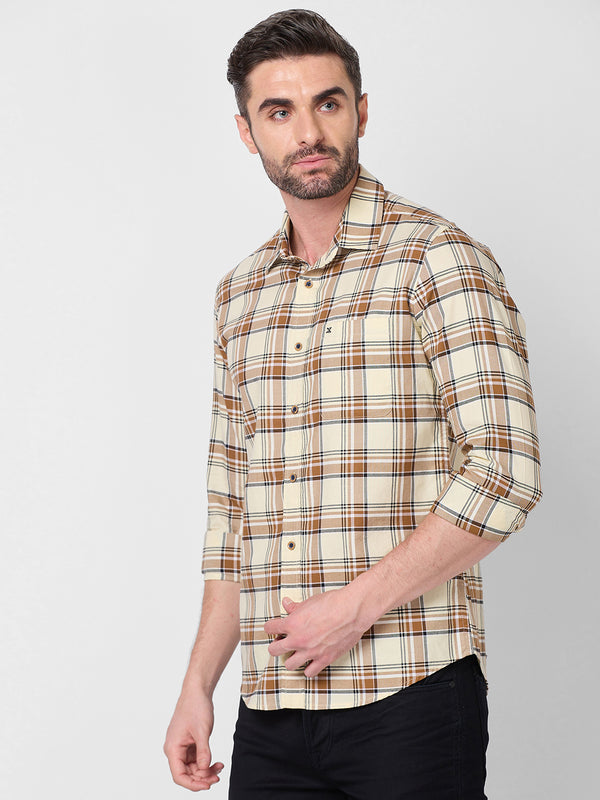 Killer Men Cream Checks Slim Fit Shirts