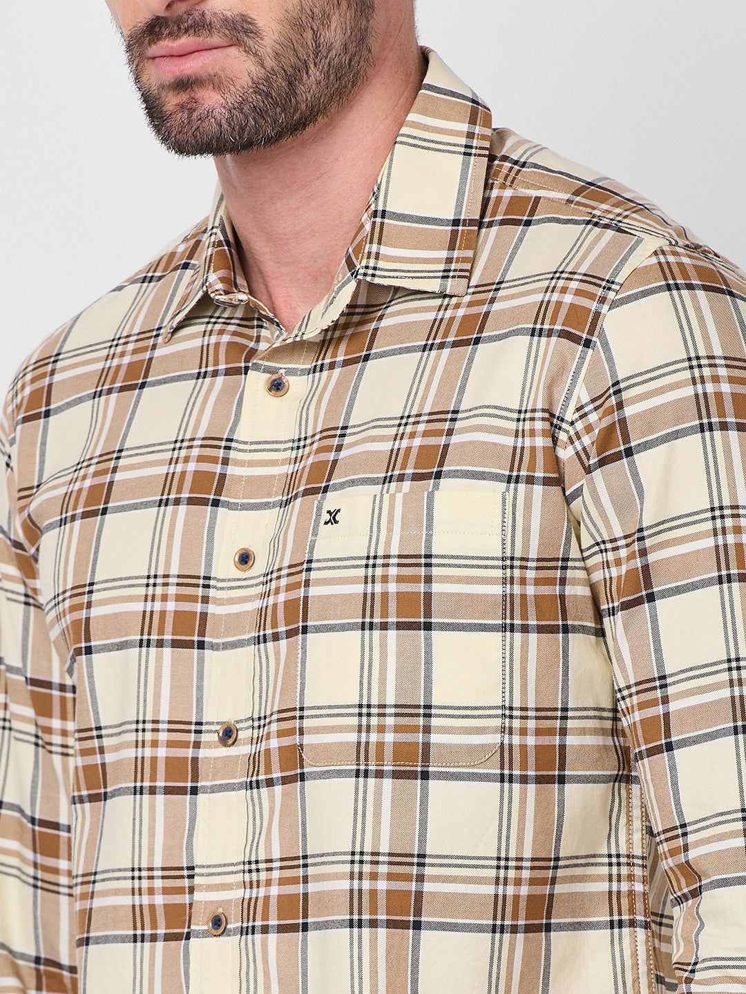 Killer Men Cream Checks Slim Fit Shirts