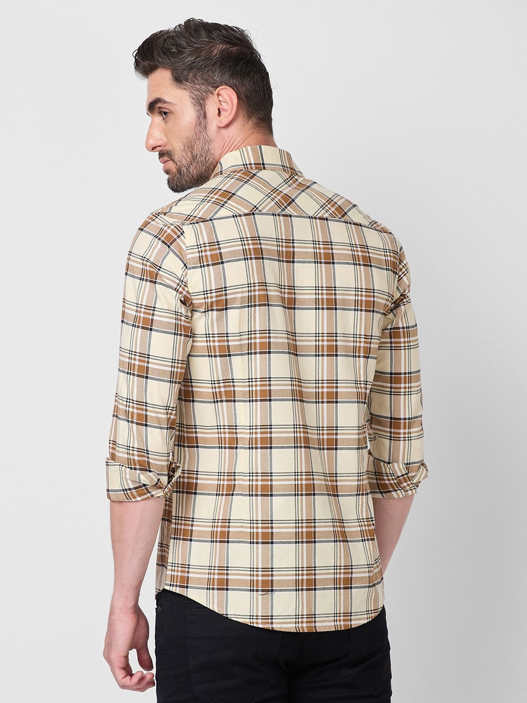 Killer Men Cream Checks Slim Fit Shirts