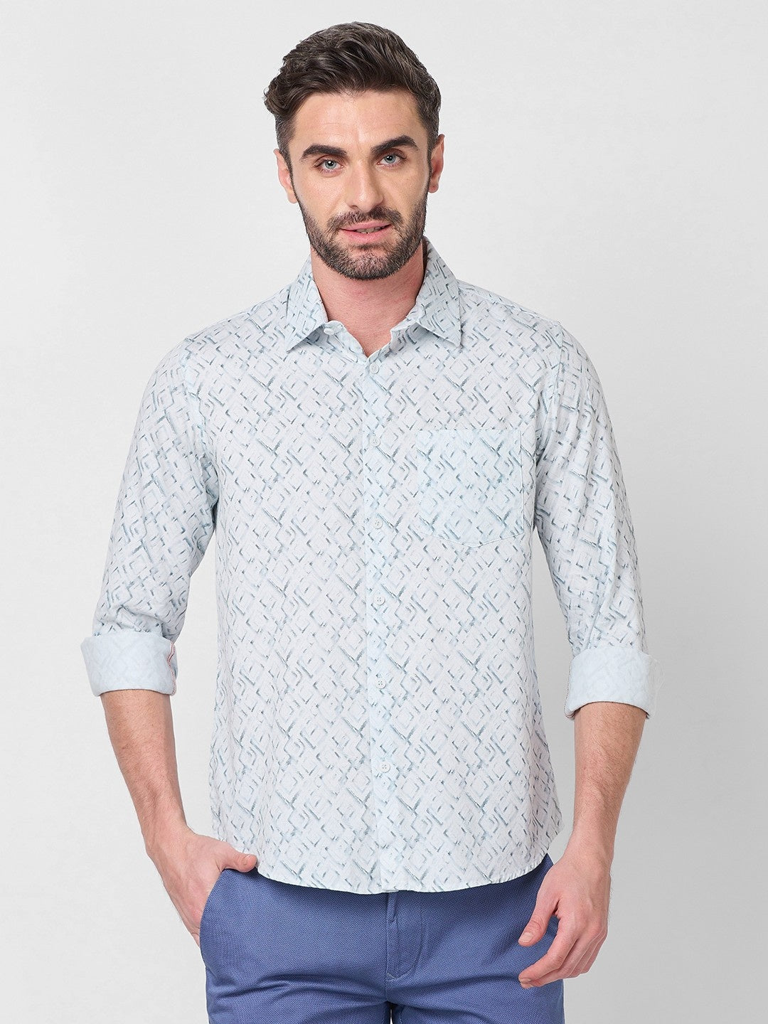 Killer Men Light Mint Printed Slim Fit Shirts