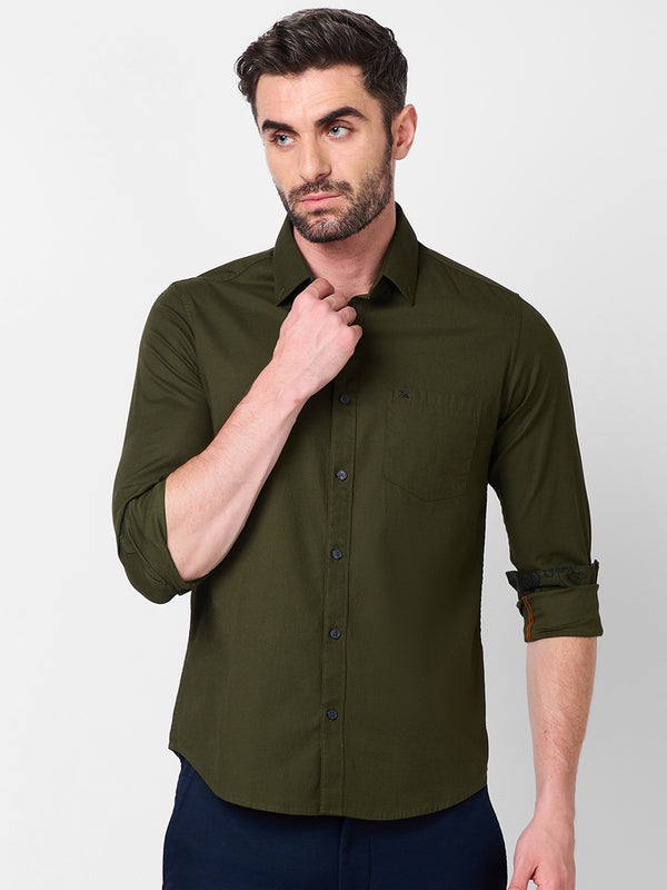 Killer Men Olive Solid Slim Fit Shirts