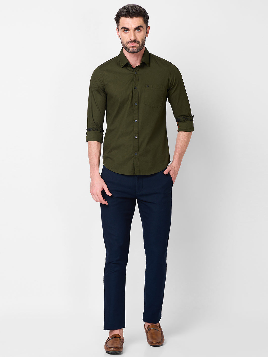 Killer Men Olive Solid Slim Fit Shirts