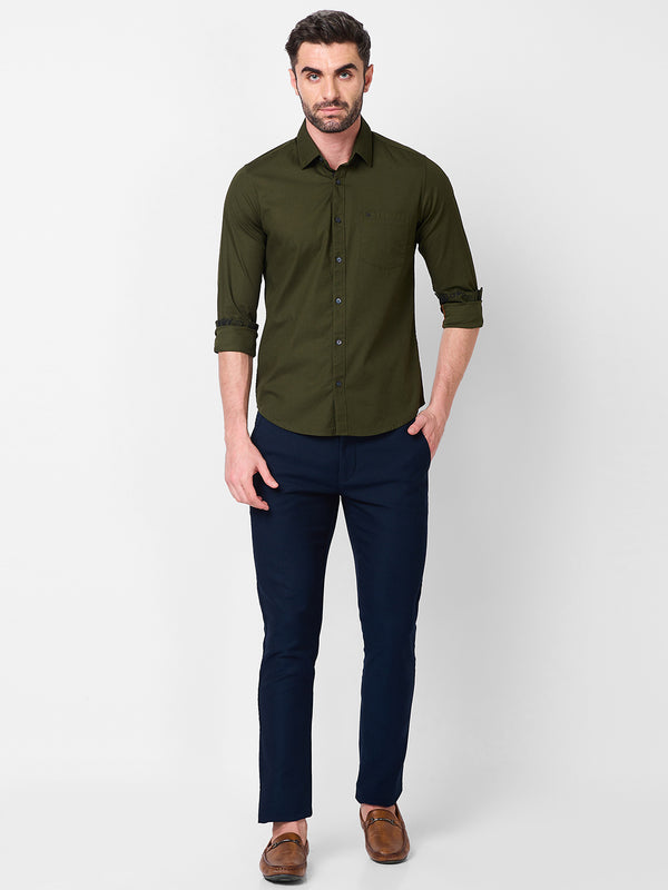Killer Men Olive Solid Slim Fit Shirts