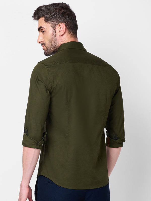 Killer Men Olive Solid Slim Fit Shirts