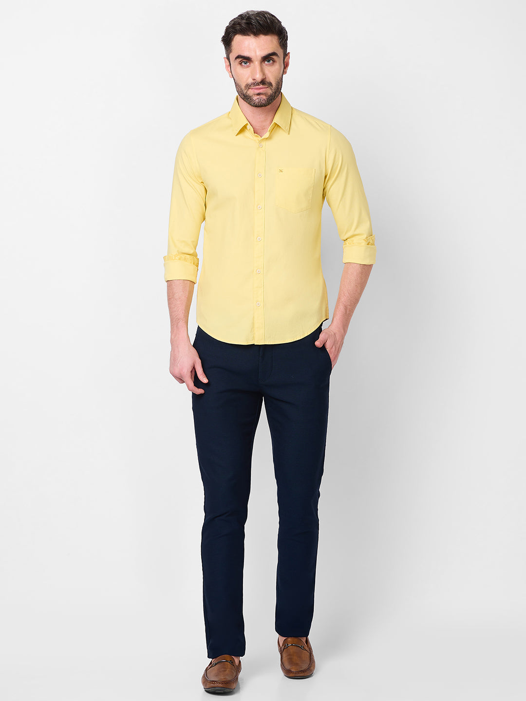 Killer Men Light Yellow Solid Slim Fit Shirts