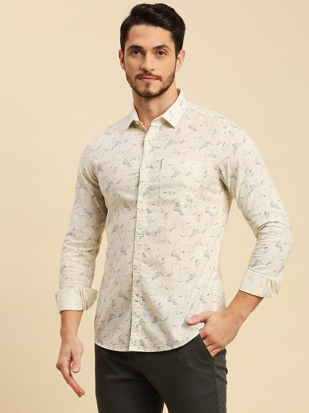 Killer Men Cream Printed Slim Fit Shirts
