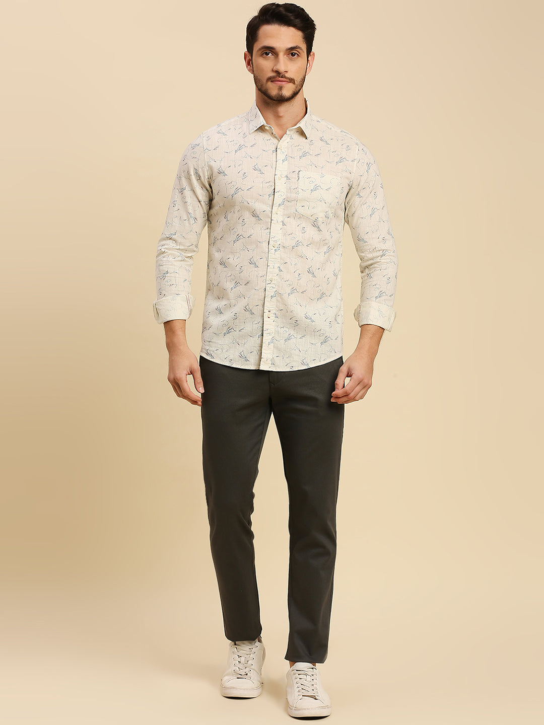Killer Men Cream Printed Slim Fit Shirts