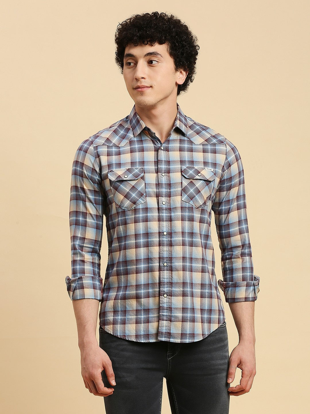 Killer Men Burgandie Checks Slim Fit Shirts