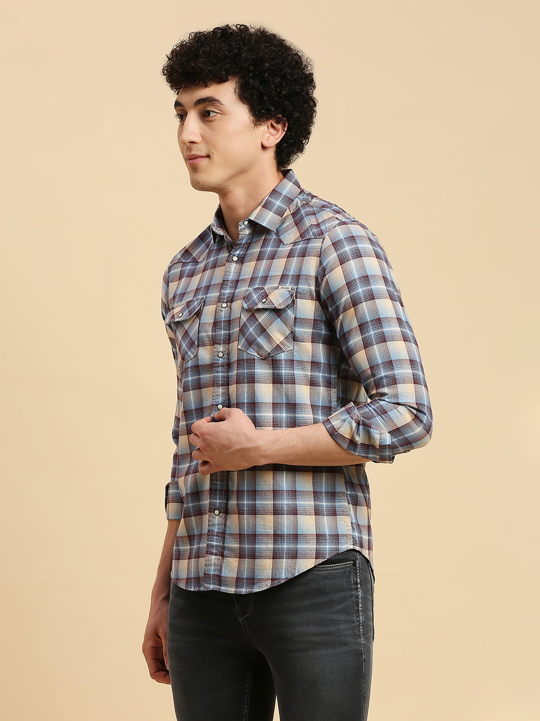 Killer Men Burgandie Checks Slim Fit Shirts