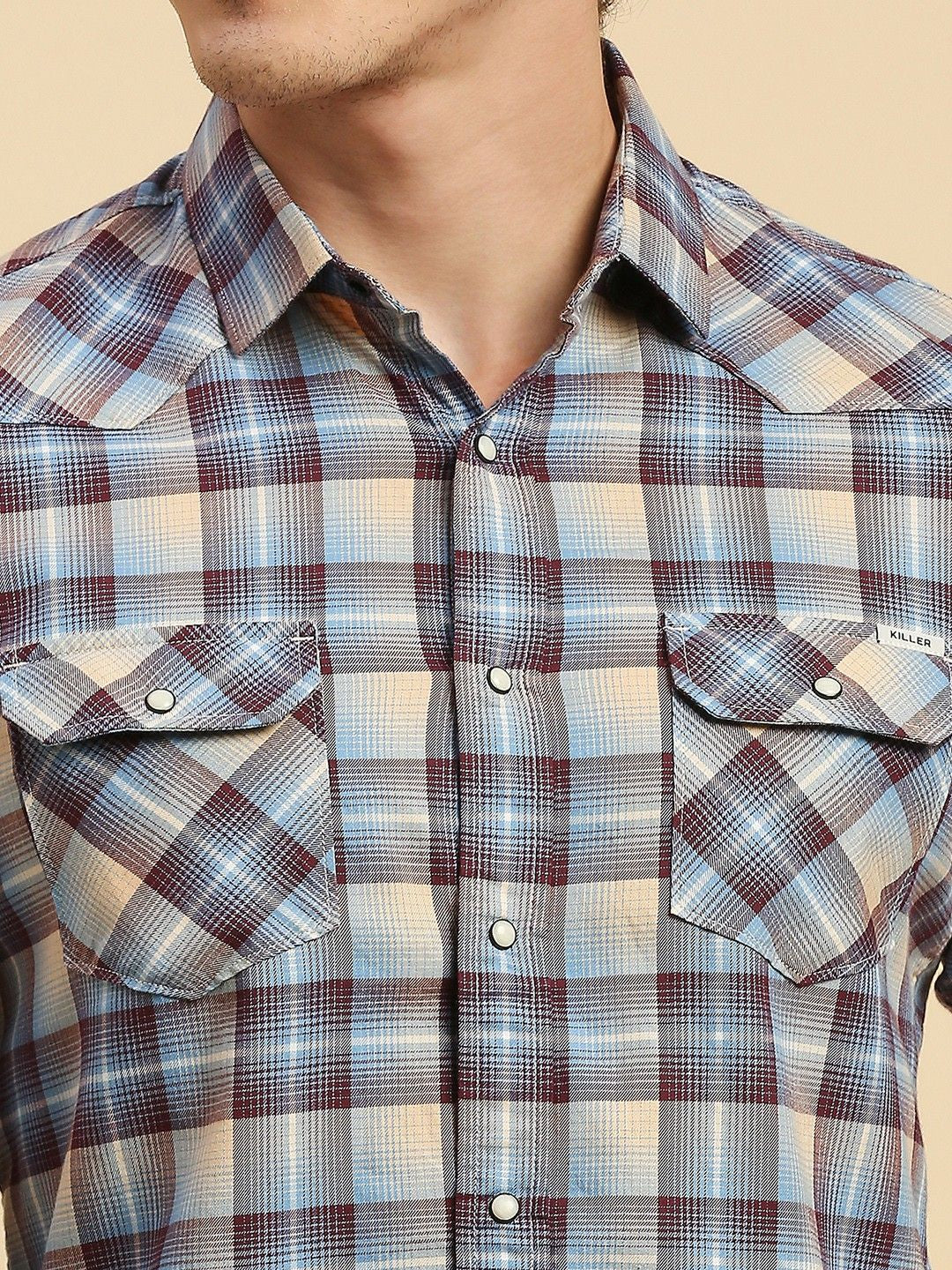 Killer Men Burgandie Checks Slim Fit Shirts