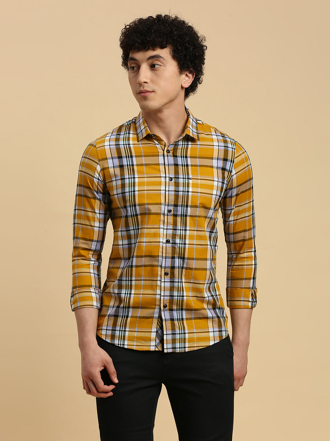 Killer Men Mustard Checks Slim Fit Shirts