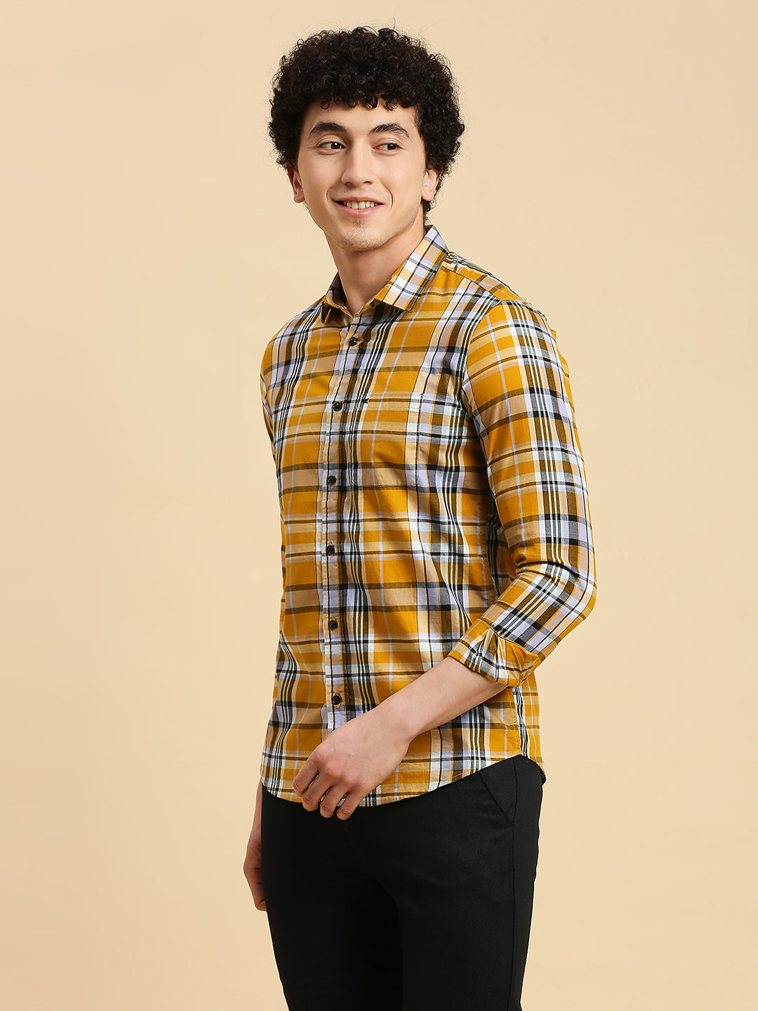 Killer Men Mustard Checks Slim Fit Shirts