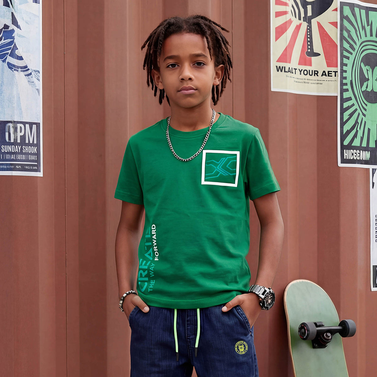Kid's Green Slim Fit Printed T-Shirts