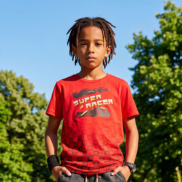 Kid's Red Slim Fit Printed T-Shirts