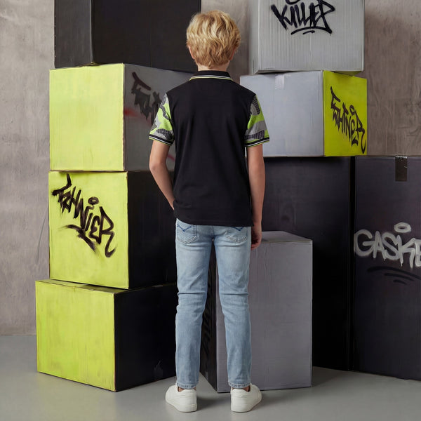 Kid's Black Slim Fit Polo Neck T-Shirts