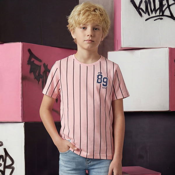 Kid's Peach Slim Fit Striped T-Shirts