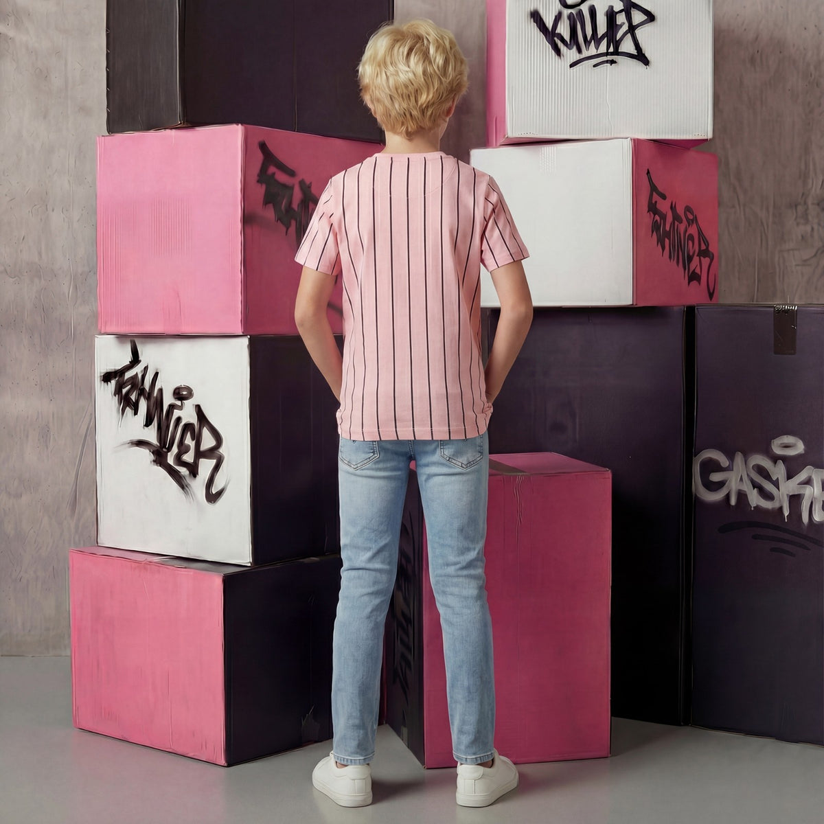 Kid's Peach Slim Fit Striped T-Shirts