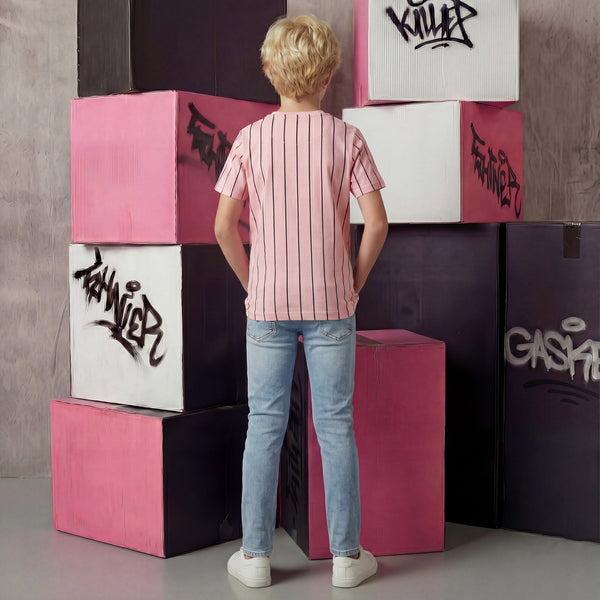 Kid's Peach Slim Fit Striped T-Shirts