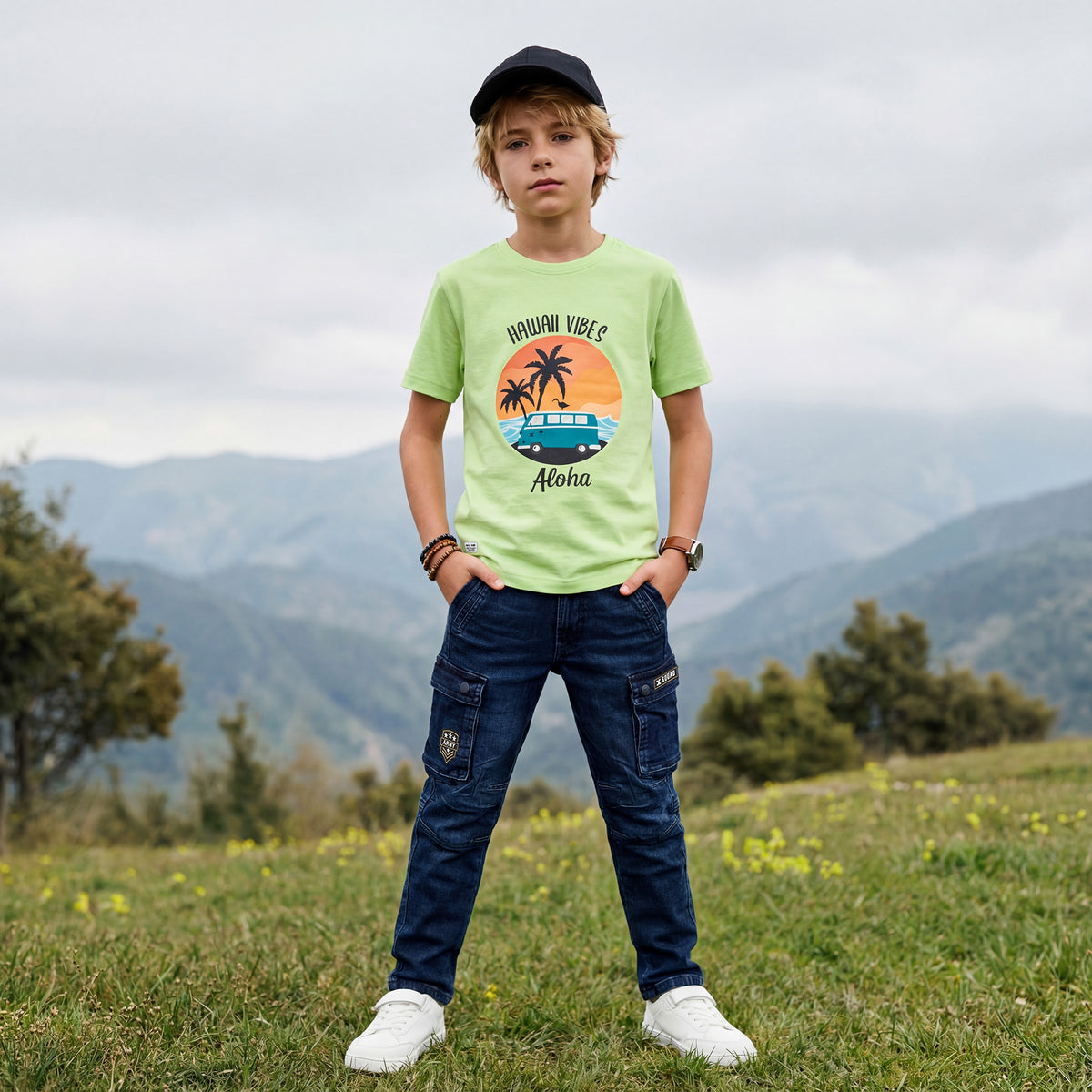 Kid's Green Slim Fit Printed T-Shirts