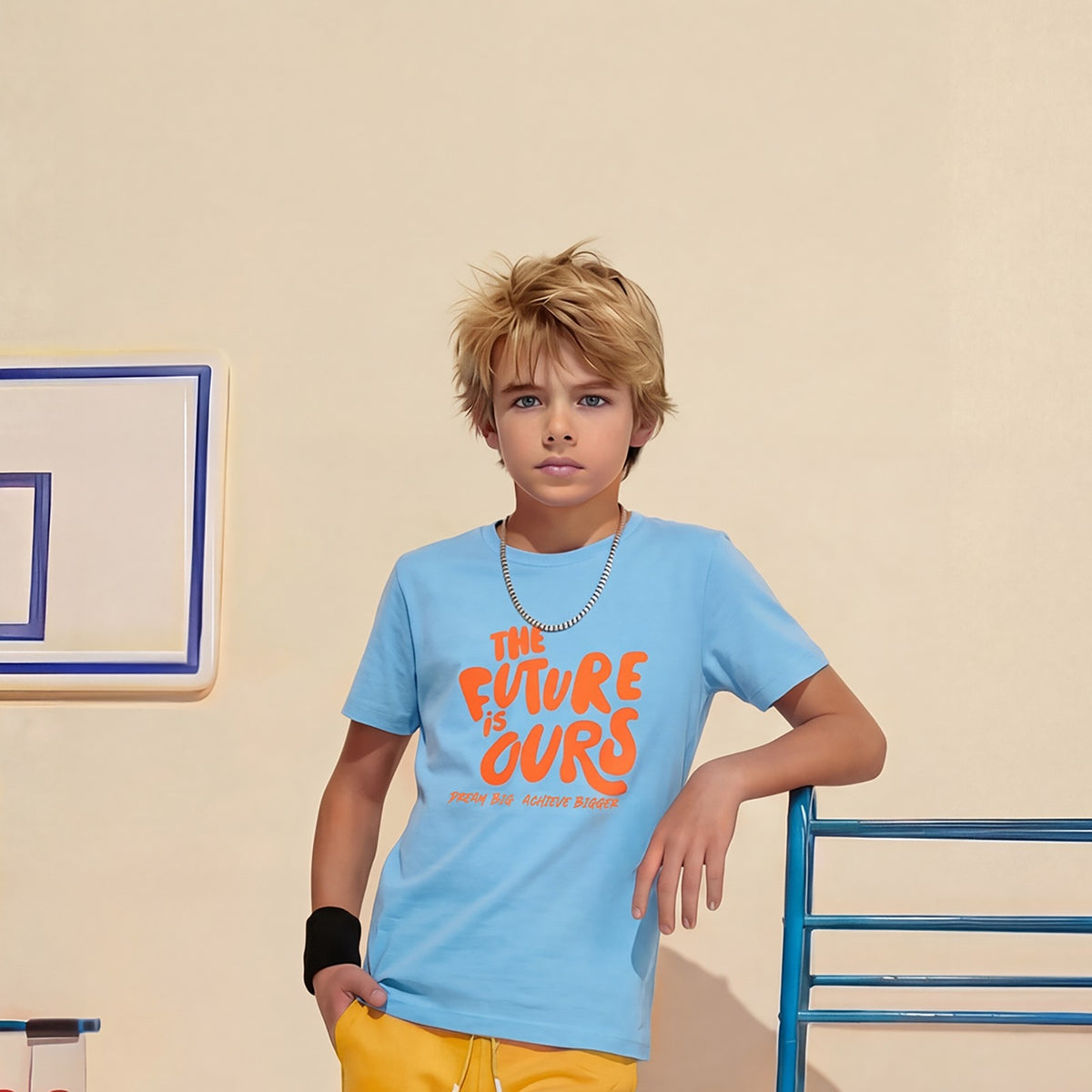 Kid's Orange/Sky Slim Fit Printed T-Shirts