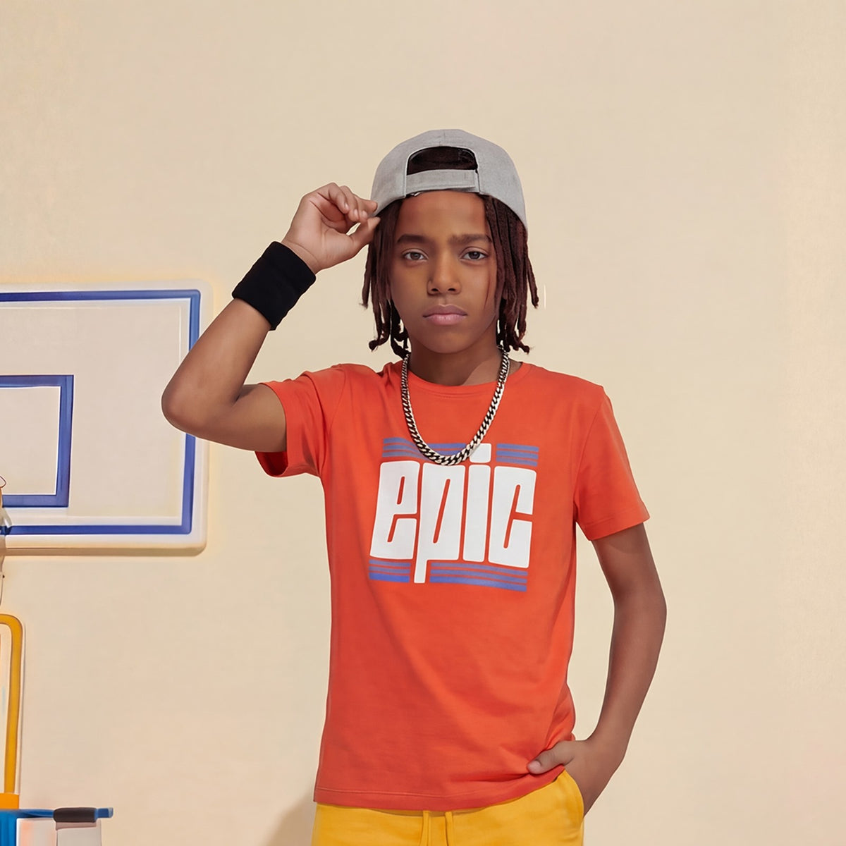 Kid's Orange/Sky Slim Fit Printed T-Shirts