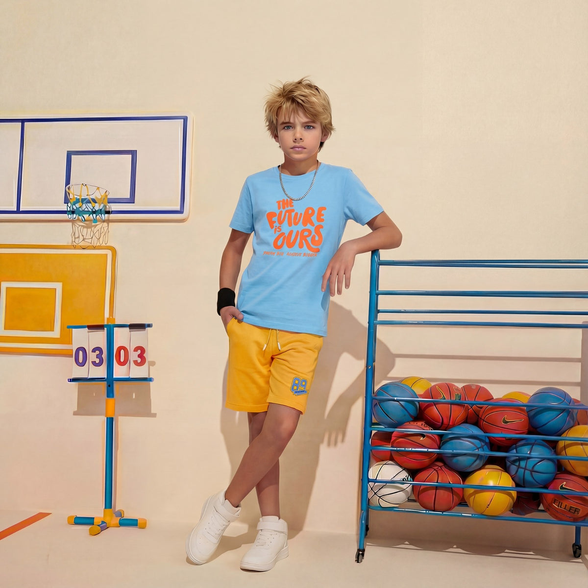 Kid's Orange/Sky Slim Fit Printed T-Shirts