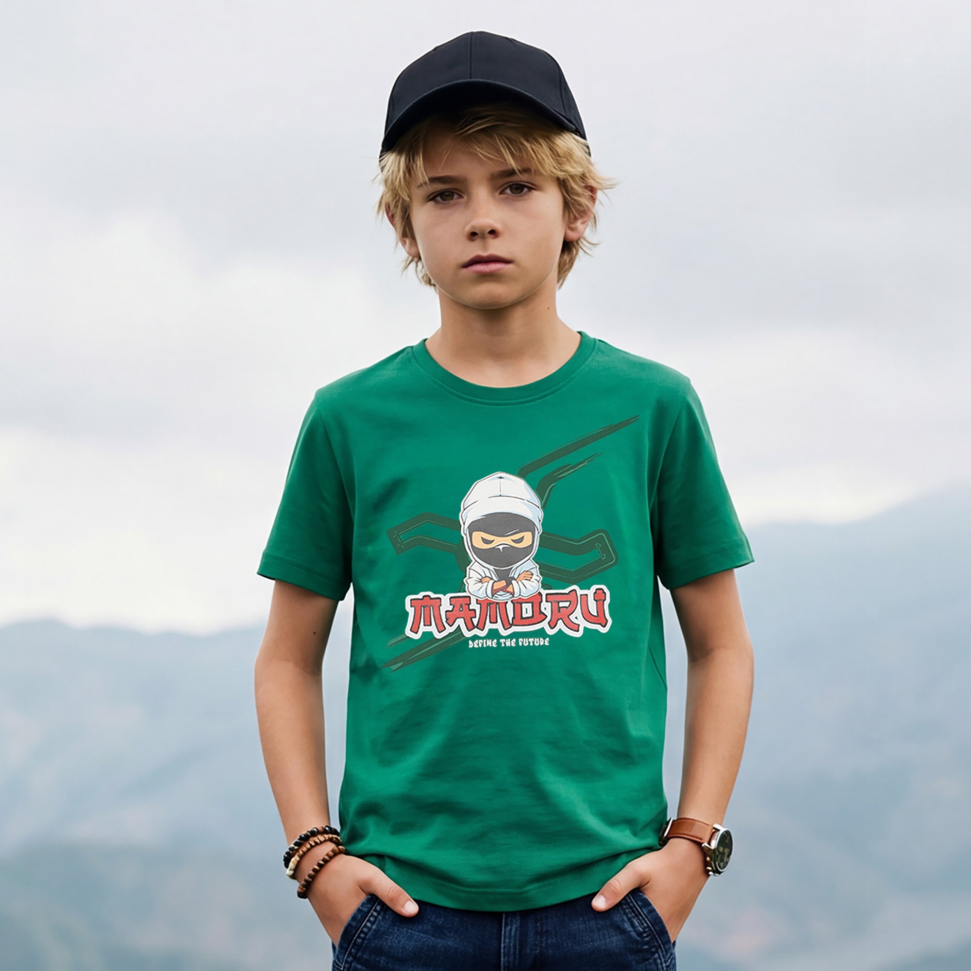 Kid's Green Slim Fit Printed T-Shirts