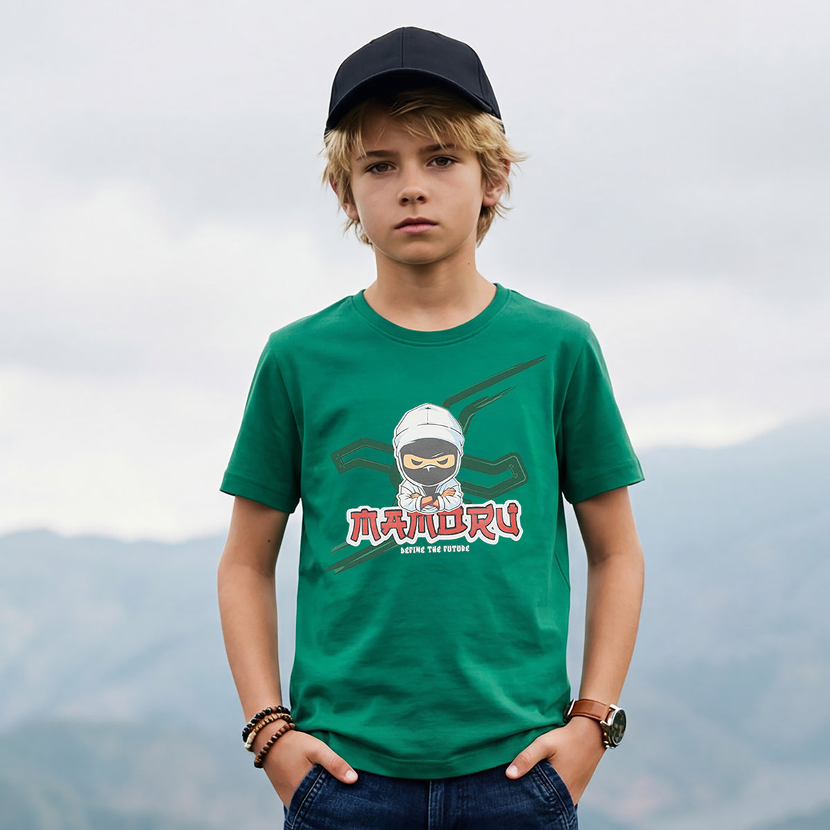 Kid's Green Slim Fit Printed T-Shirts