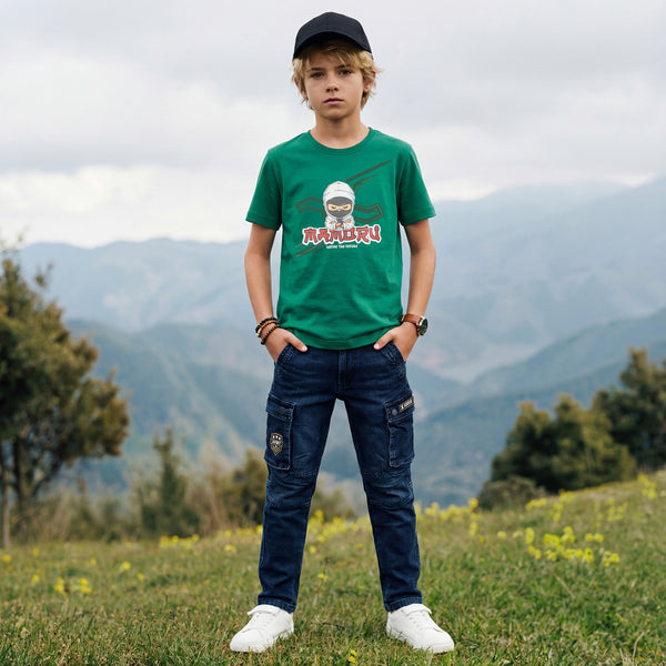 Kid's Green Slim Fit Printed T-Shirts