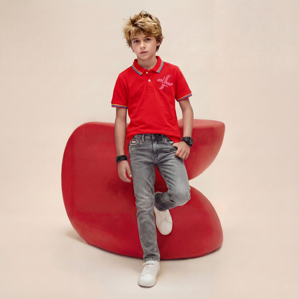 Kid's Red Slim Fit Polo Neck T-Shirts