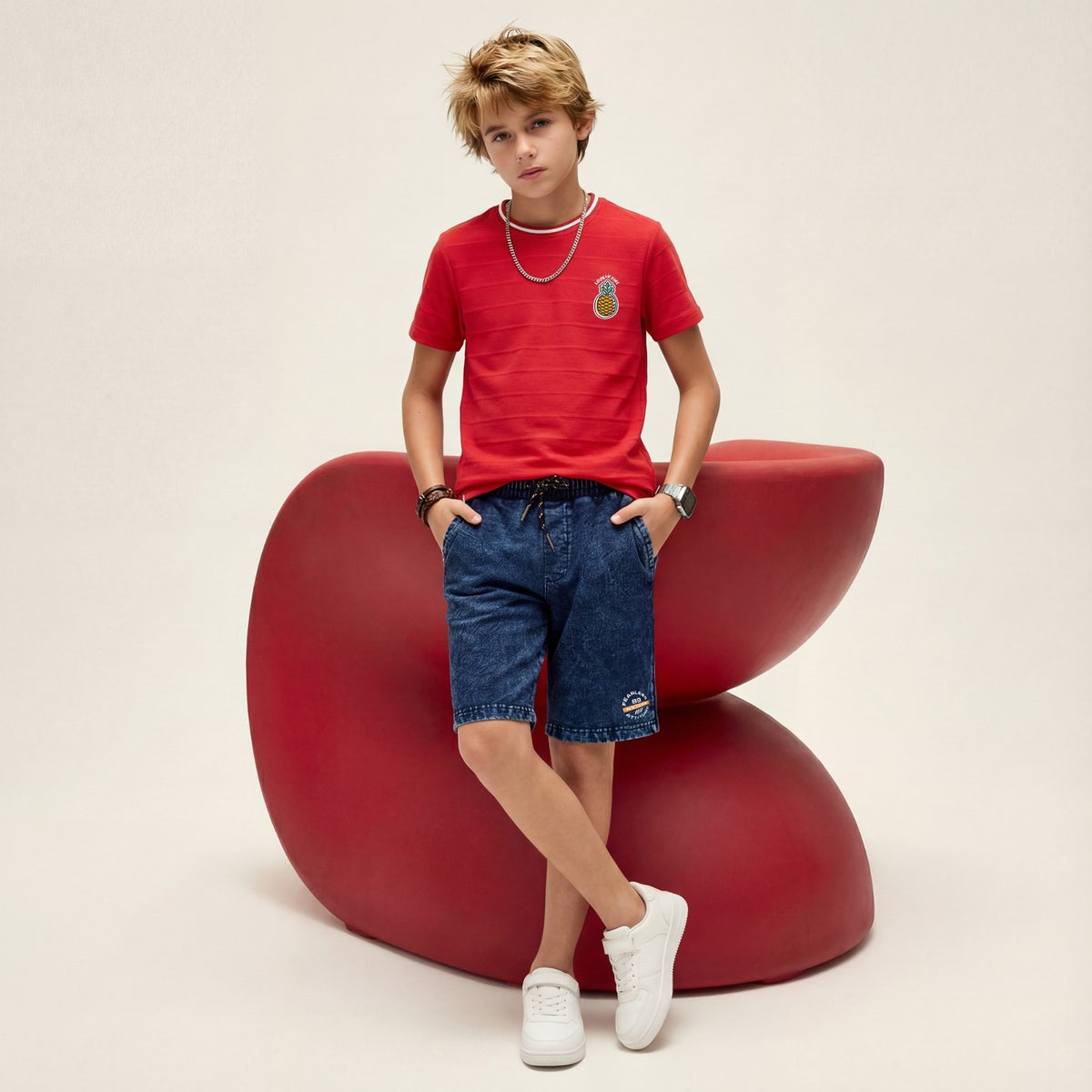 Kid's Red Slim Fit Printed T-Shirts