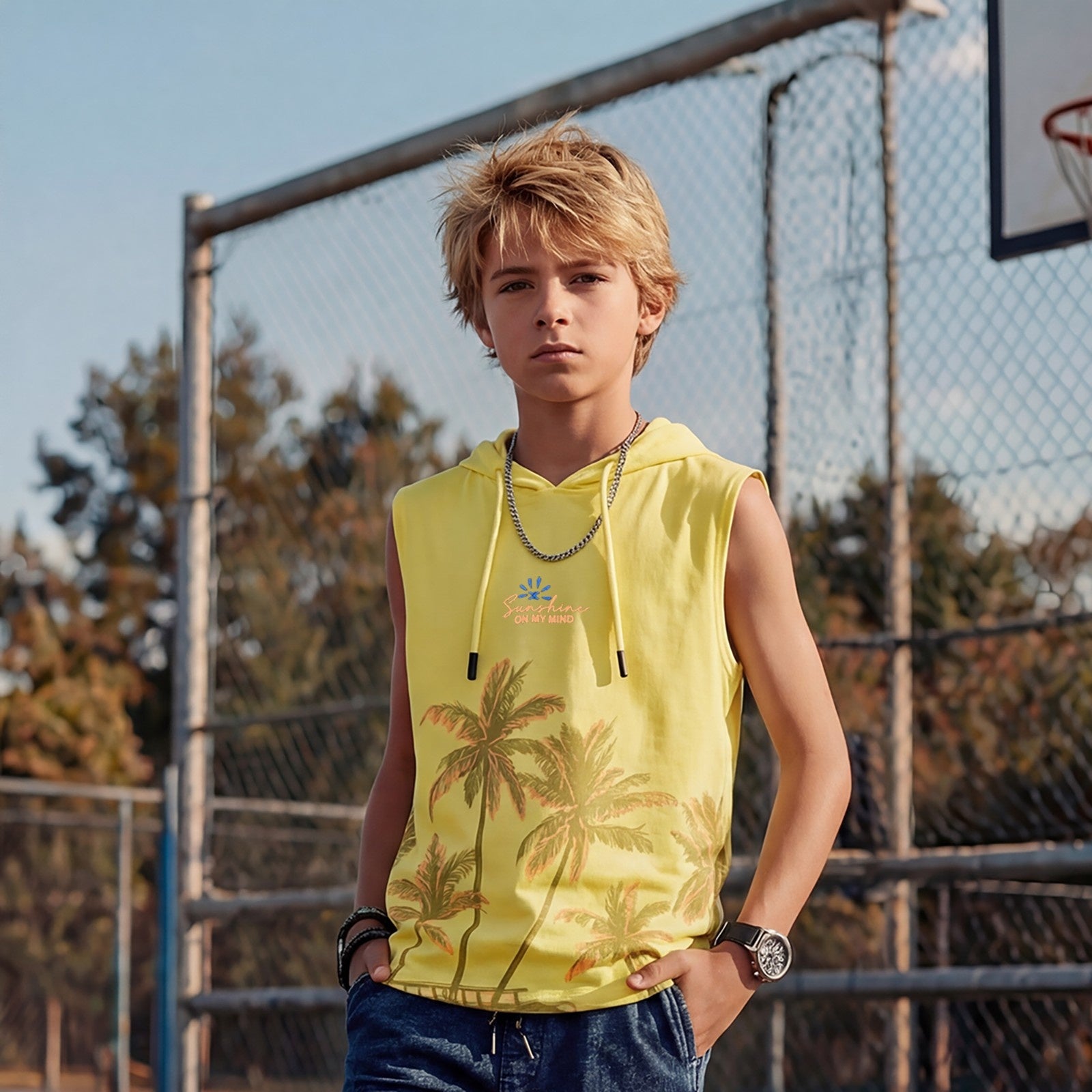 Junior Killer Yellow Slim Fit Hooded Sleeveless Printed T-Shirts