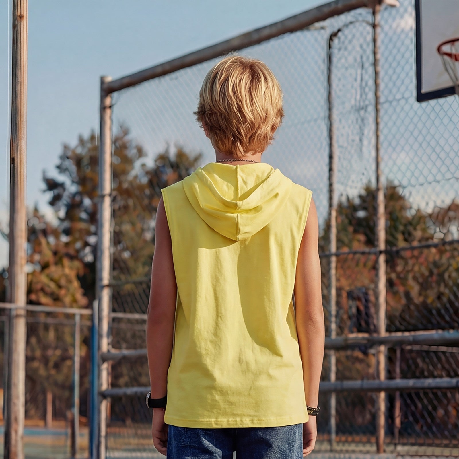 Junior Killer Yellow Slim Fit Hooded Sleeveless Printed T-Shirts