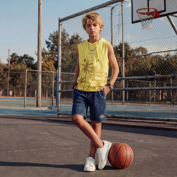 Kid's Yellow Slim Fit Hooded Sleeveless T-Shirts