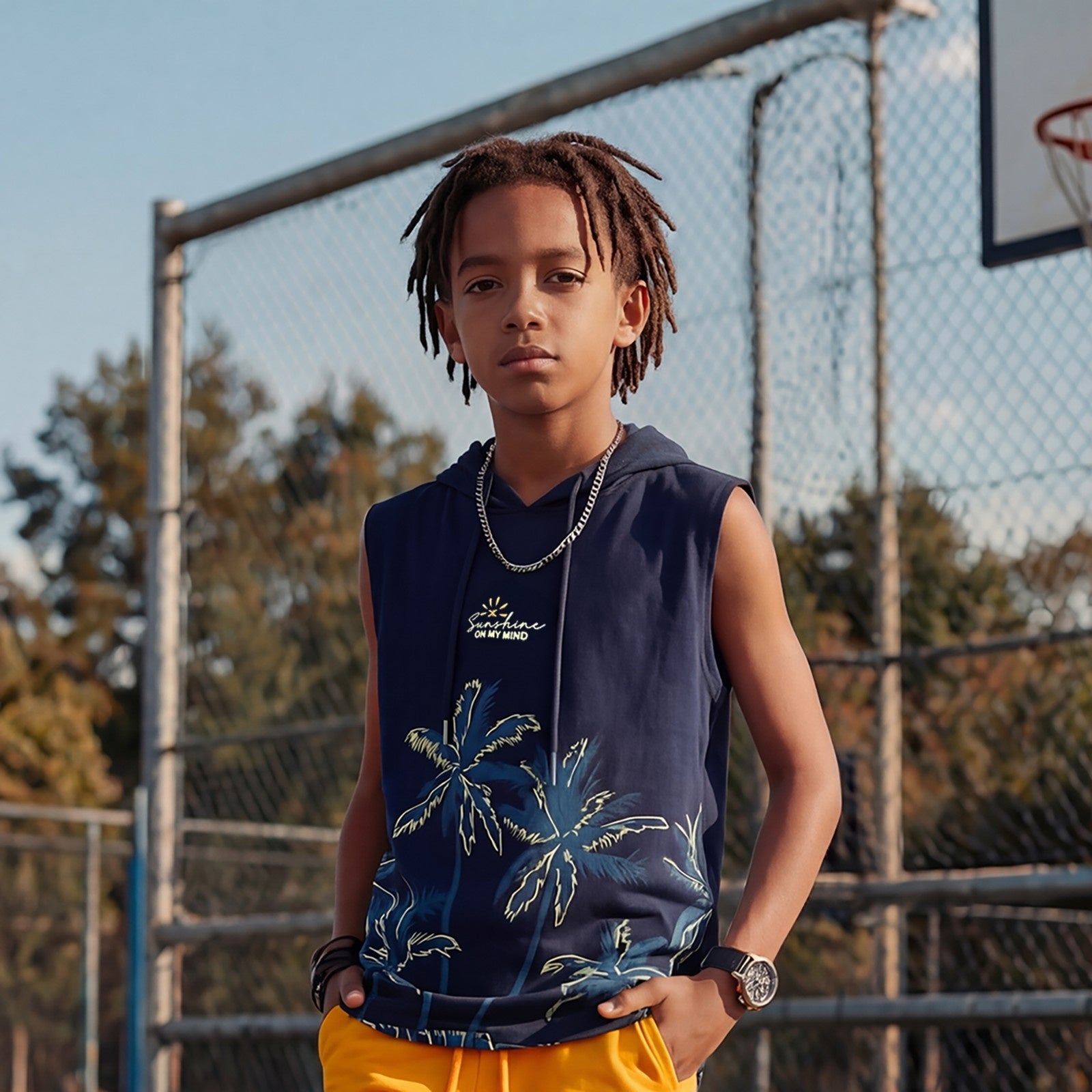 Junior Killer Navy Slim Fit Hooded Sleeveless Printed T-Shirts