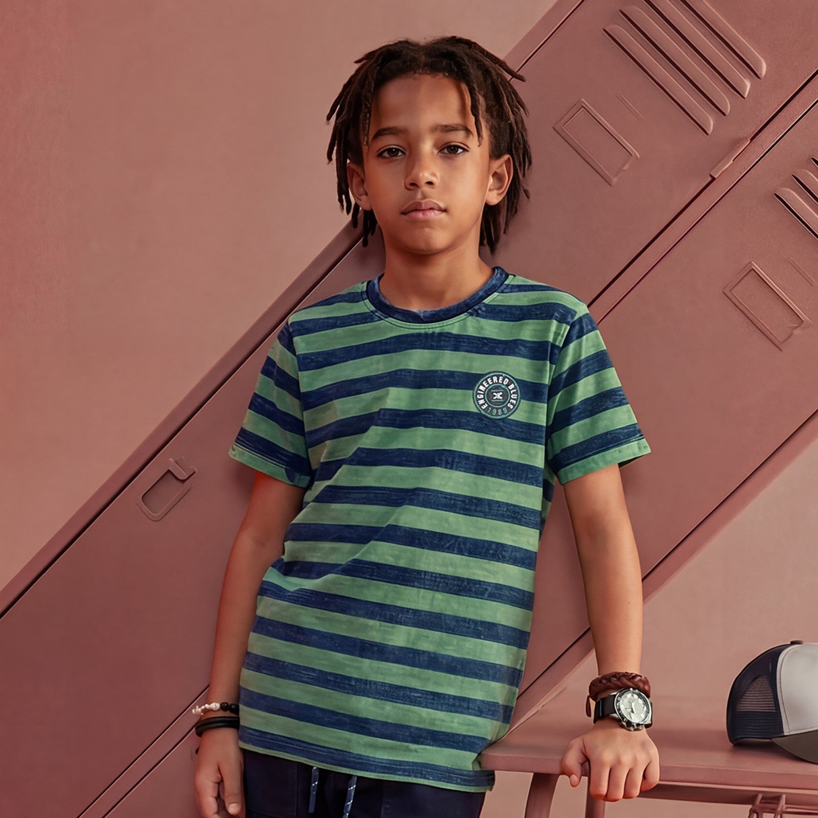 Kid's Green Slim Fit Striped T-Shirts