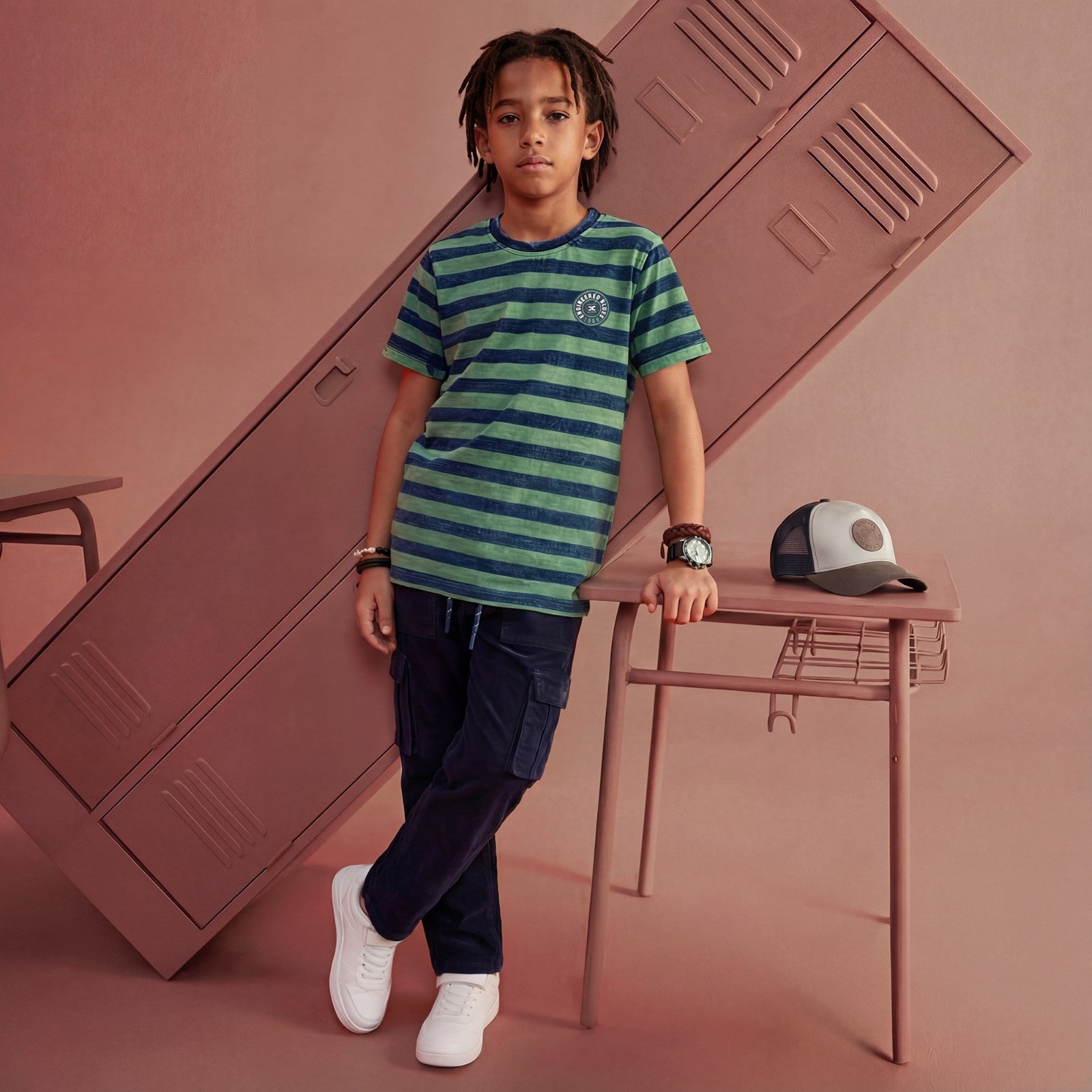 Kid's Green Slim Fit Striped T-Shirts