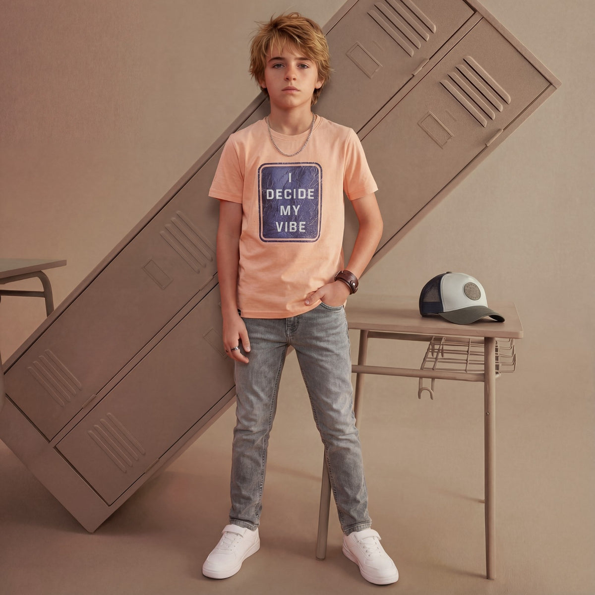 Kid's Peach Slim Fit Printed T-Shirts