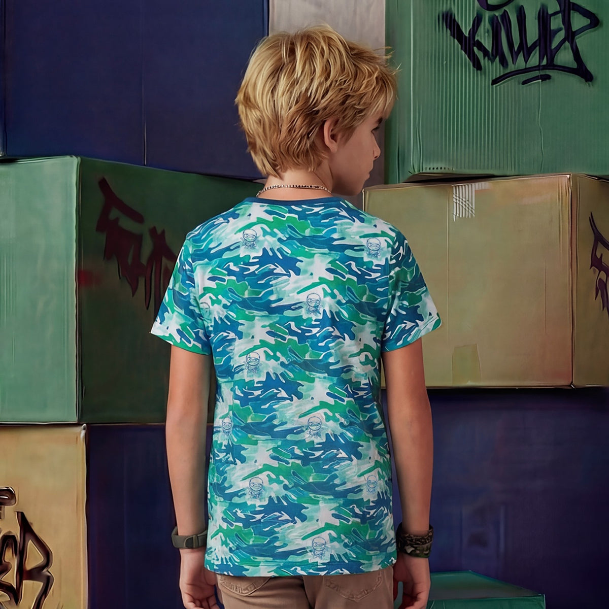 Kid's Green Slim Fit Printed T-Shirts