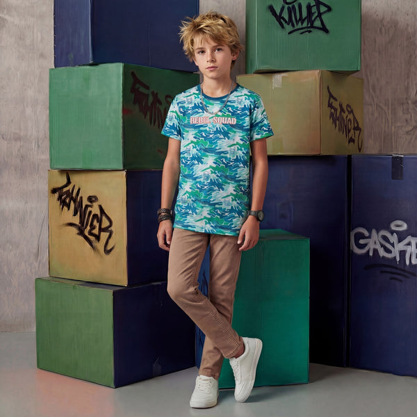 Kid's Green Slim Fit Printed T-Shirts